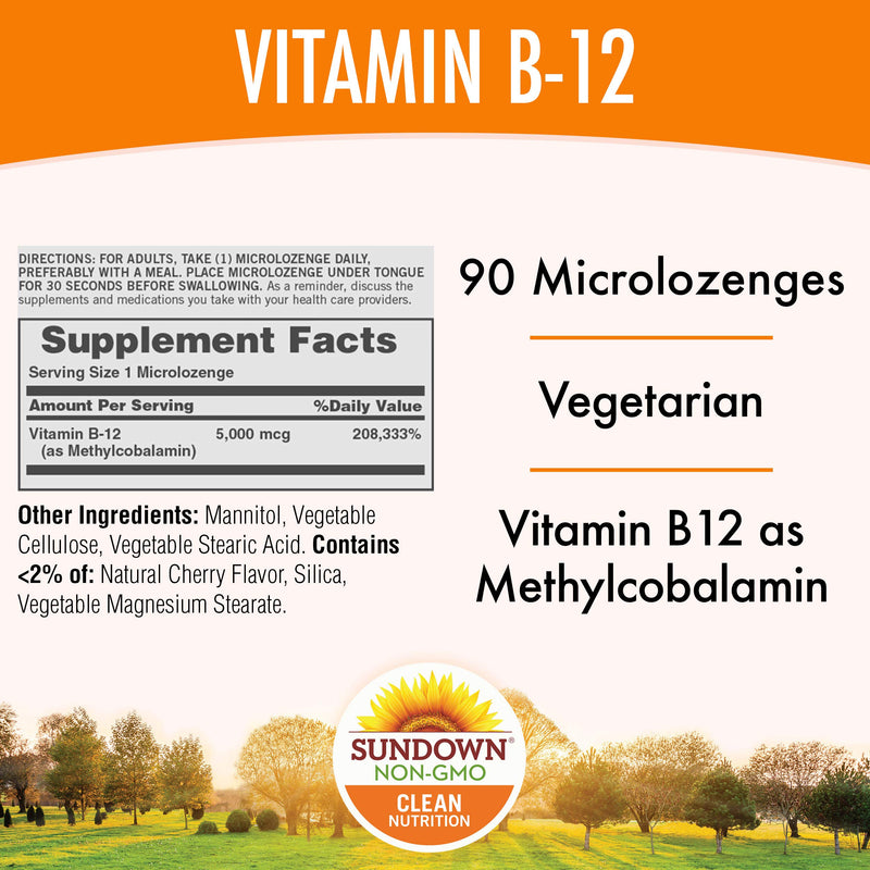 Methylcobalamin B12 by Sundown, For Energy Support, Vegetarian, Non-GMOˆ, Free of Gluten, Dairy, Artificial Flavors, 5000 mcg, 90 Microlozenges - BeesActive Australia