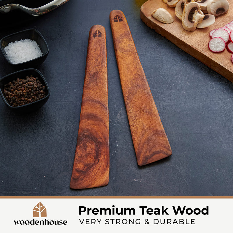 12 inch Teak Wood Spatula for Cast Iron, Small Wood Flipper, Egg Scraper, Flat Wooden Turner, Multipurpose Wood Cooking Utensil, Spatulas Perfect for Flipping, Serving, Scraping & Turning. Set of 2 - BeesActive Australia