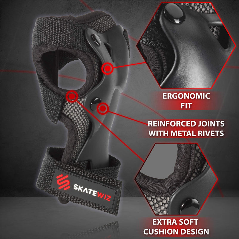 SKATEWIZ Protect-1 Skateboard Accessories Skate [6pcs] Elbow Pads Knee Pads for Women and Men - Elbow and Knee Pads Kids Wrist Guards Knee Savers Black X-Small - BeesActive Australia