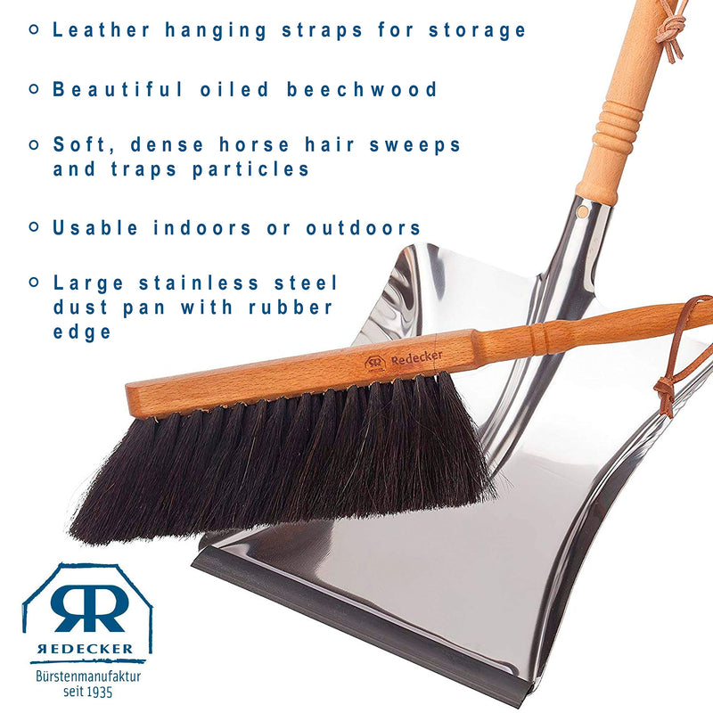 REDECKER Horsehair Fiber Hand Brush and Dust Pan Set, Heavy Duty Broom and Dustpan Combo for Home and Outdoor, Oiled Beechwood Handles, Large Capacity Stainless Steel Dust Pan, Made in Germany Horsehair Fiber, Beech & Stainless Steel - BeesActive Australia