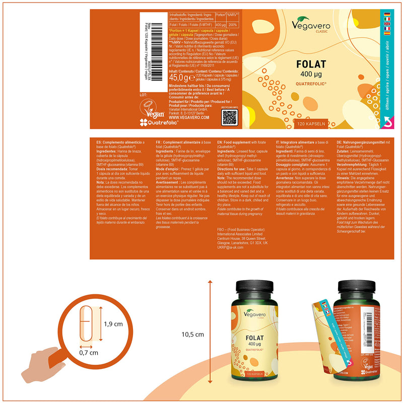 Natural Folic Acid Pregnancy Vegavero� 400mcg | NO Additives | Vitamin B9 Quatrefolic� (5-MTHF) Methyl Folate Supplements for Preconception & Maternal Tissue Growth | 120 Vegan Capsules - BeesActive Australia
