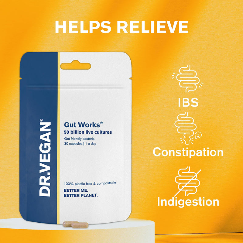 DR.VEGAN Gut Works� | 50bn Live Cultures | Pre & Probiotic | 30 Vegan Friendly Capsules | One-A-Day | 6 clinically studied strains - BeesActive Australia