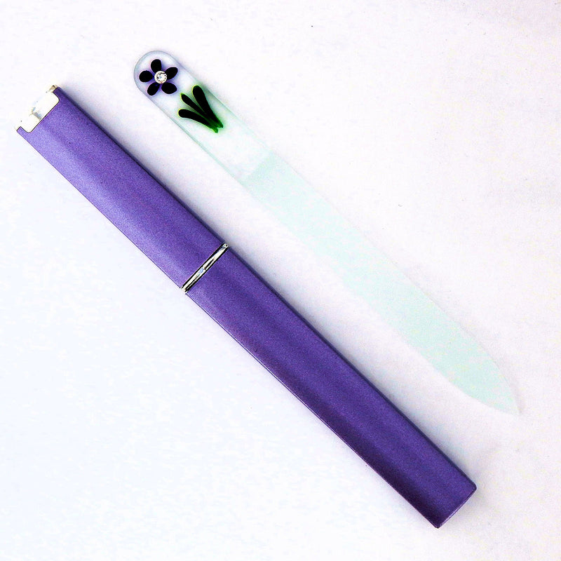 Purple Flower with Crystal Hand Painted Genuine Czech Republic Crystal Nail File with Matching Acrylic Case - Medium - BeesActive Australia