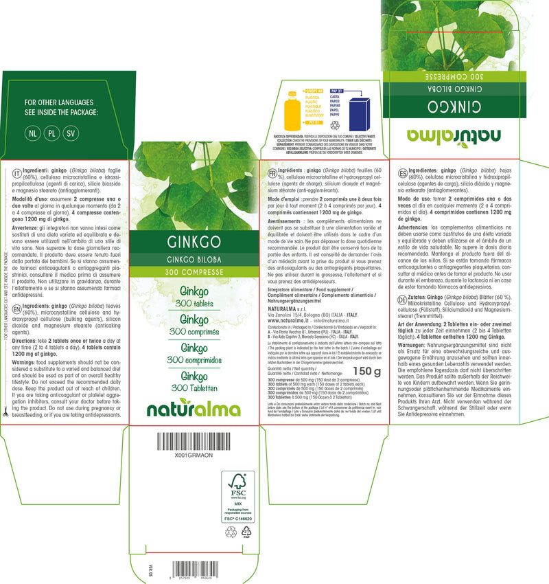 Ginkgo (Ginkgo biloba) Leaves NATURALMA | 150 g | 300 Tablets of 500 mg | Food Supplement | Natural and Vegan - BeesActive Australia