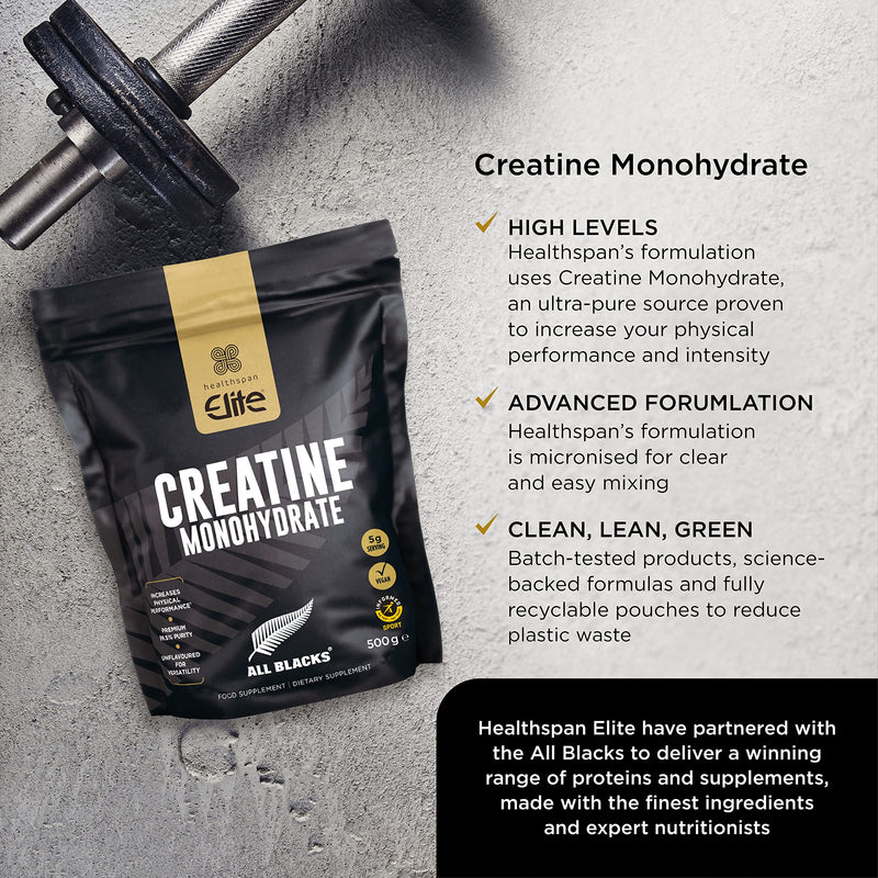 Healthspan Elite All Blacks Creatine Monohydrate (500g) | Increase Physical Performance & Intensity | Use During Exercise, or Pre/Post-Workout | Unflavoured | Vegan - BeesActive Australia