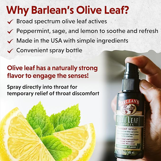 Barlean's, Fresh Olive Leaf Complex, Throat Spray, Soothing Peppermint Flavor, 1.5 oz (44.4 ml) - BeesActive Australia