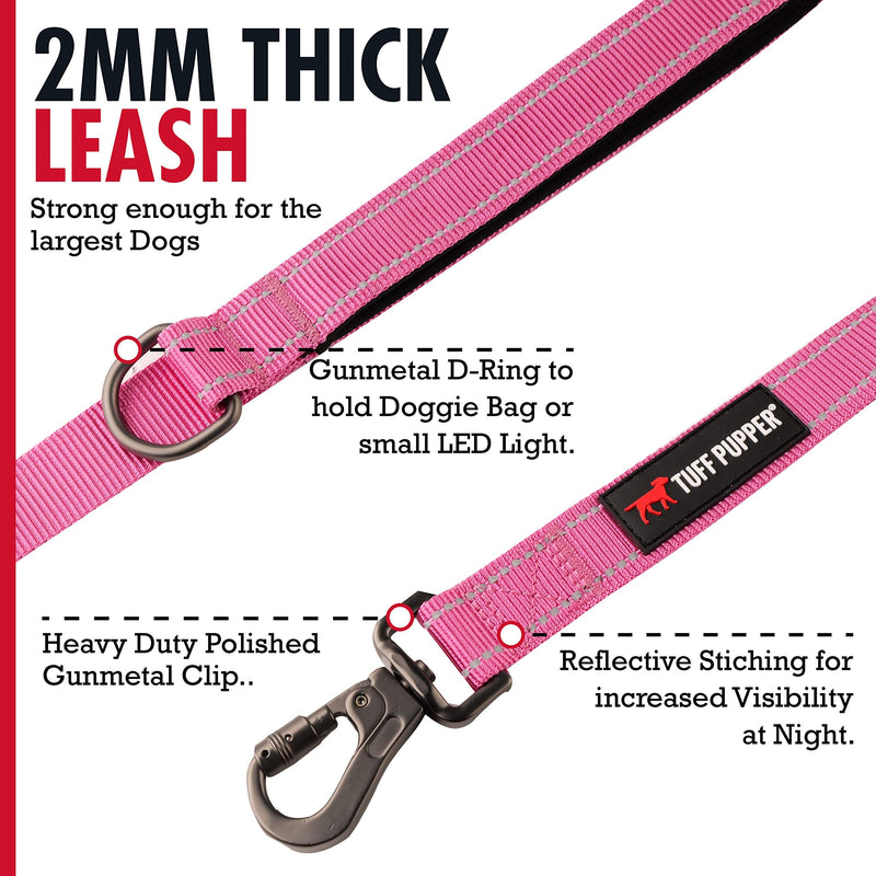 Tuff Pupper Heavy Duty Double Handle Dog Leash | Twist Locking Carabiner Dog Clip | Safety Lock Leash To Hold Strong Dogs | Reflective For Safe Night Walks | 6 Foot Dog Leash | For Medium & Large Dogs 72 Inch (Pack of 1) Hot Pink - BeesActive Australia