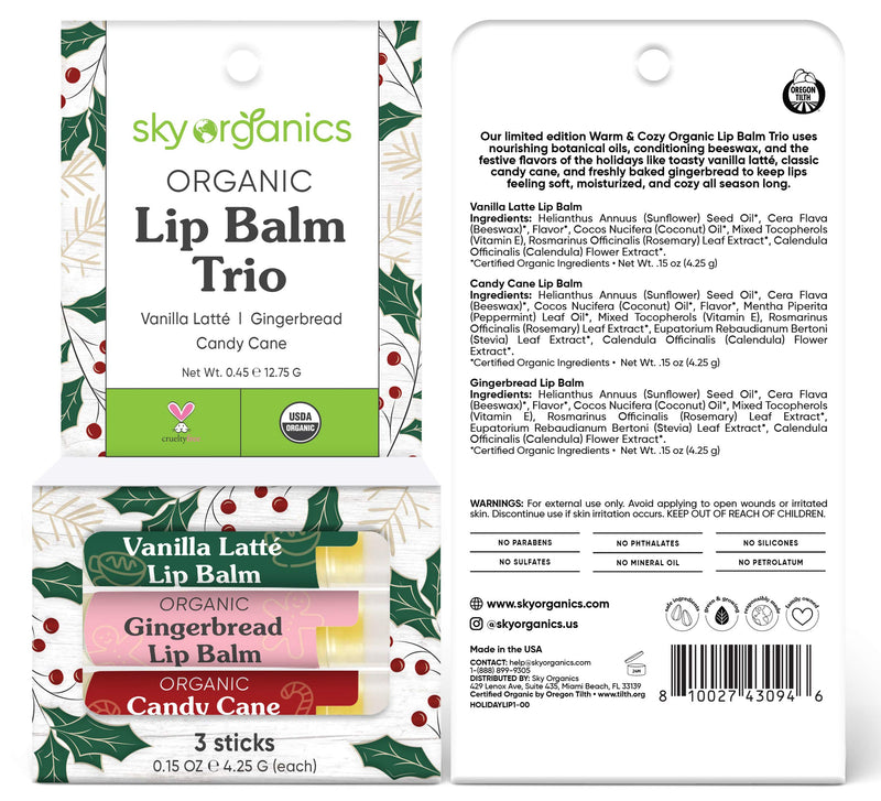 USDA Organic Lip Balm Trio by Sky Organics (3 Sticks) Winter Flavors Gift Pack Cruelty-Free Candy Cane, Gingerbread, Vanilla Latté Lip Balm Gift Set for Dry Lips Limited Edition Made In USA - BeesActive Australia
