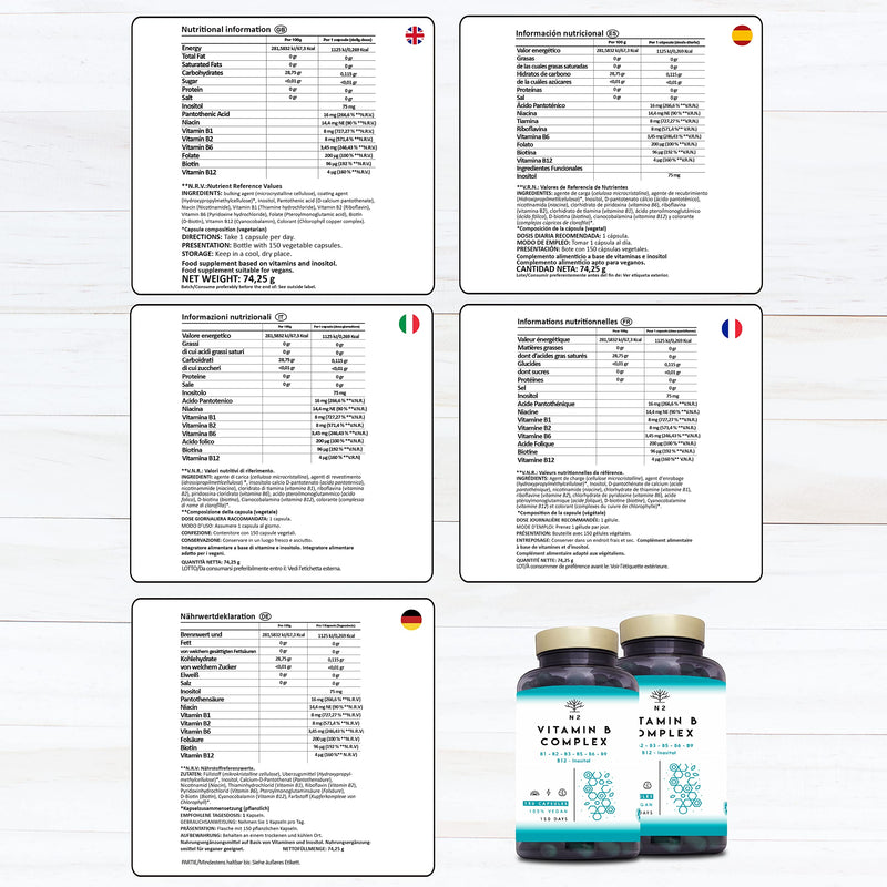 Vitamin B Complex High Strength. Vitamin B12, B9 (folic Acid), B7 (Biotin), B6, B5, B3, B2, B1,Inositol. Improves Mental Performance and Reduces Fatigue. 150 Capsules. Vegan. CE. N2 Natural Nutrition - BeesActive Australia
