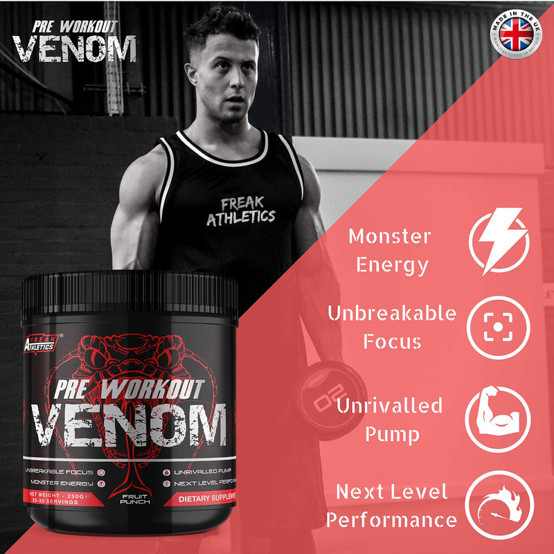 Pre Workout Venom 'Fruit Punch' - Pump Pre Workout Supplement by Freak Athletics - Elite Level Pre Workout Supplement - Pre Workout Powder Made in The UK - Available in Fruit Punch - BeesActive Australia