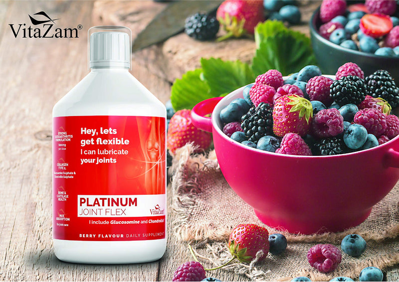 VitaZam Glucosamine and Chondroitin High Strength Platinum Joint Flex 500 ml Liquid MSM, Chondroitin Sulphates with Strong Osteoarthritis Formulation for Bones and Joint Health, Berry Flavour - BeesActive Australia