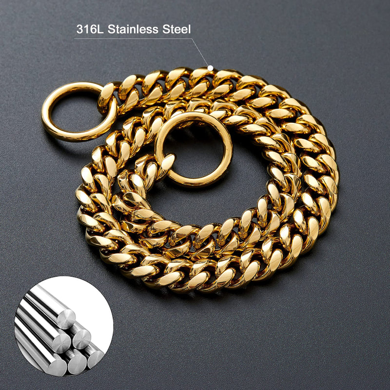 Loveshine Chain Dog Collar 18K Gold Cuban Link Dog Chain 15MM Thick Chain Collar Metal Stainless Steel Heavy Duty Slip Dog Collars for Small, Medium, and Large Dogs(16in to 26in) 12"（Can Over Head of 8" to 11") - BeesActive Australia