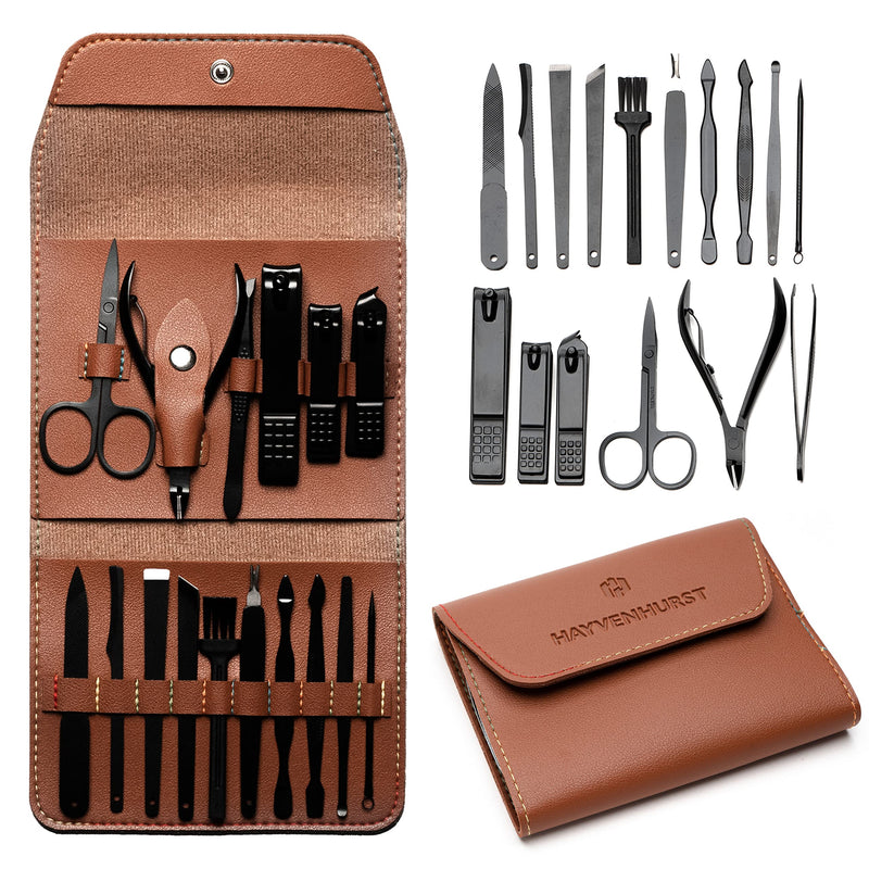 Nail Kit - Nail Clipper Set - Manicure Set -16 Stainless Steel Pieces Manicure Kit For Men’s - Pedicure Kit For Men - Mens Grooming Kit With Brown Leather portable Case by Hayvenhurst - BeesActive Australia