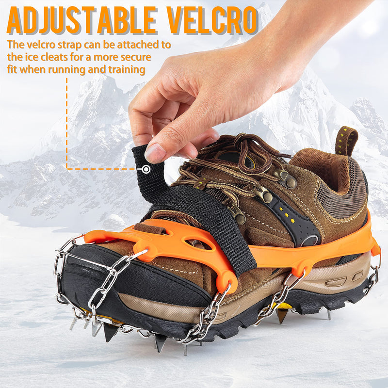 Gelindo Crampons Ice Cleats Traction, 19 Spikes Stainless Steel for Snow Shoes Boots, Safe Protection for Hiking, Walking, Climbing, Jogging, Mountaineering on Snow Muddy Road Anti-Slip Orange Large - BeesActive Australia