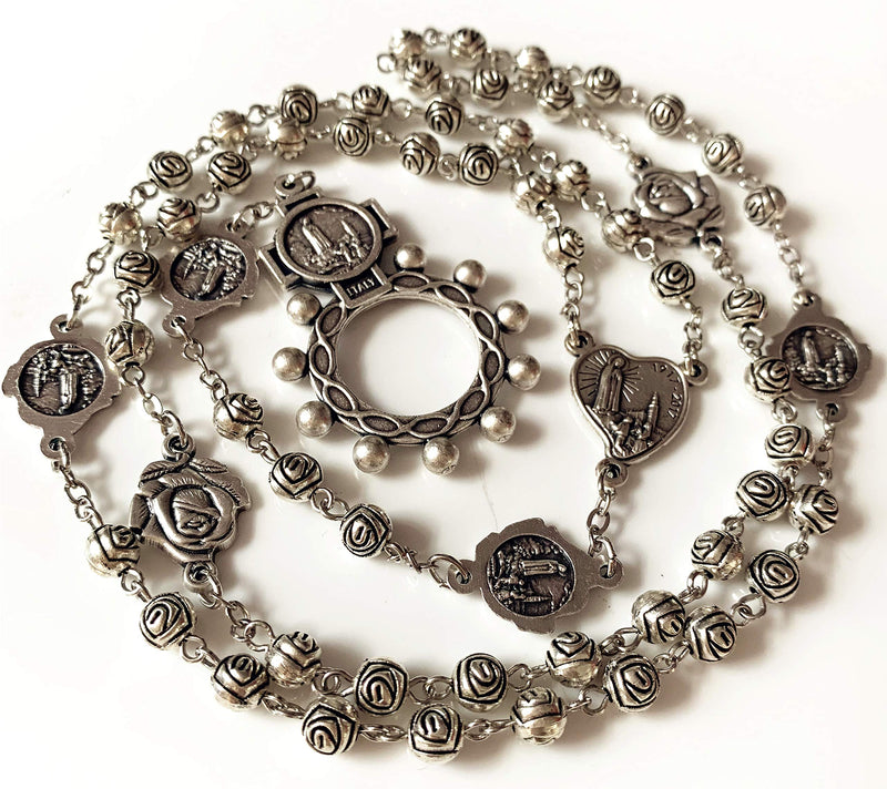 elegantmedical HANDMADE vintage silver rose beads Catholic OUR LADY OF FATIMA Rosary Necklace Cross Gift Box Italy crucifix - BeesActive Australia
