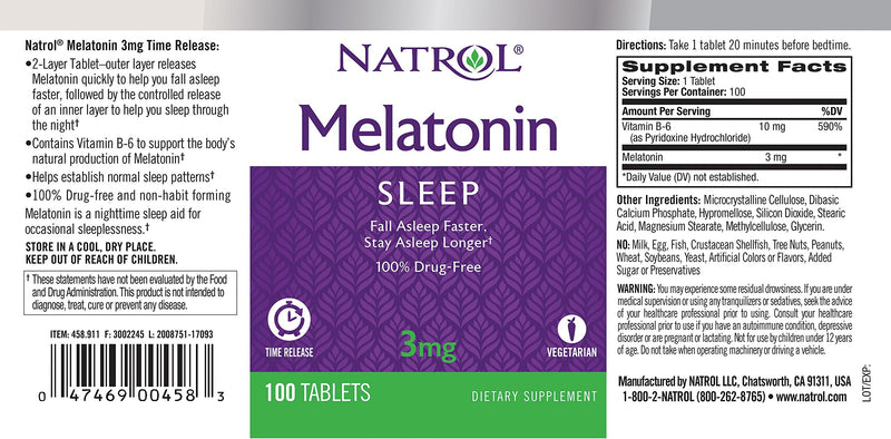 Natrol Melatonin Time Release Tablets, 3mg, 100 Count 100 Count (Pack of 1) - BeesActive Australia