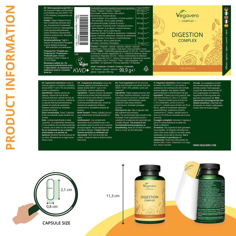 Digestive Enzyme Vegavero® | 100% Natural | Papain, Bromelain & KWD+® and Plant Extracts | Without Additives | 180 Vegan Capsules - BeesActive Australia