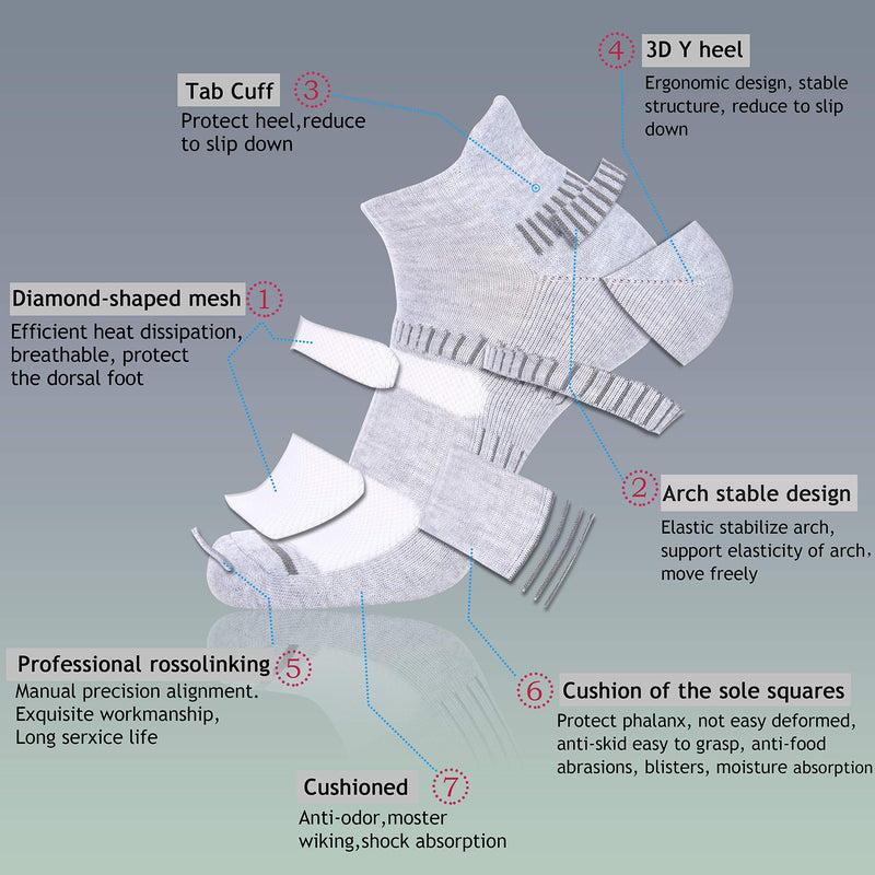 Cooplus Mens Ankle Socks Athletic Cushioned Breathable Low Cut Tab With Arch Support-6Pairs Small-Medium A1-grey 6 Pairs - BeesActive Australia