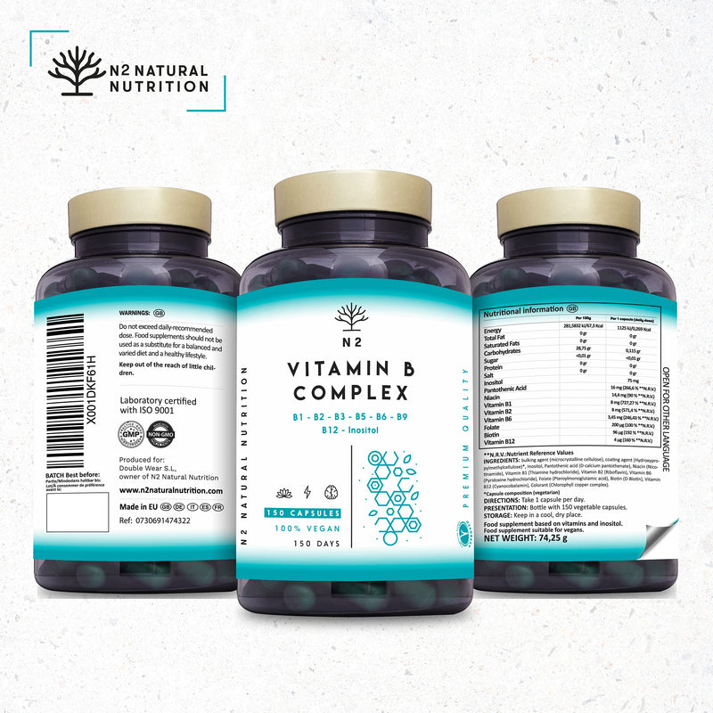 Vitamin B Complex High Strength. Vitamin B12, B9 (folic Acid), B7 (Biotin), B6, B5, B3, B2, B1,Inositol. Improves Mental Performance and Reduces Fatigue. 150 Capsules. Vegan. CE. N2 Natural Nutrition - BeesActive Australia