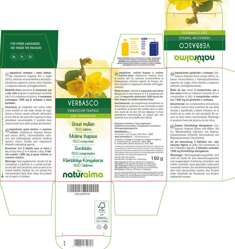 Great Mullein or Common Mullein (Verbascum thapsus) Flowers and Leaves NATURALMA | 150 g | 300 Tablets of 500 mg | Food Supplement | Natural and Vegan - BeesActive Australia