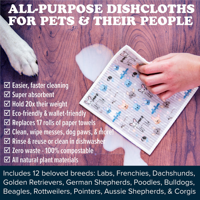 Puppington Pupper Towels 12 Pack Swedish Dishcloths for Kitchen - Dog Dish Towels - Swedish Dish Cloths for Kitchen - Dog Mom Gifts for Women - Eco Friendly (12 Breeds) 12 Pack Top Breeds Multi - BeesActive Australia