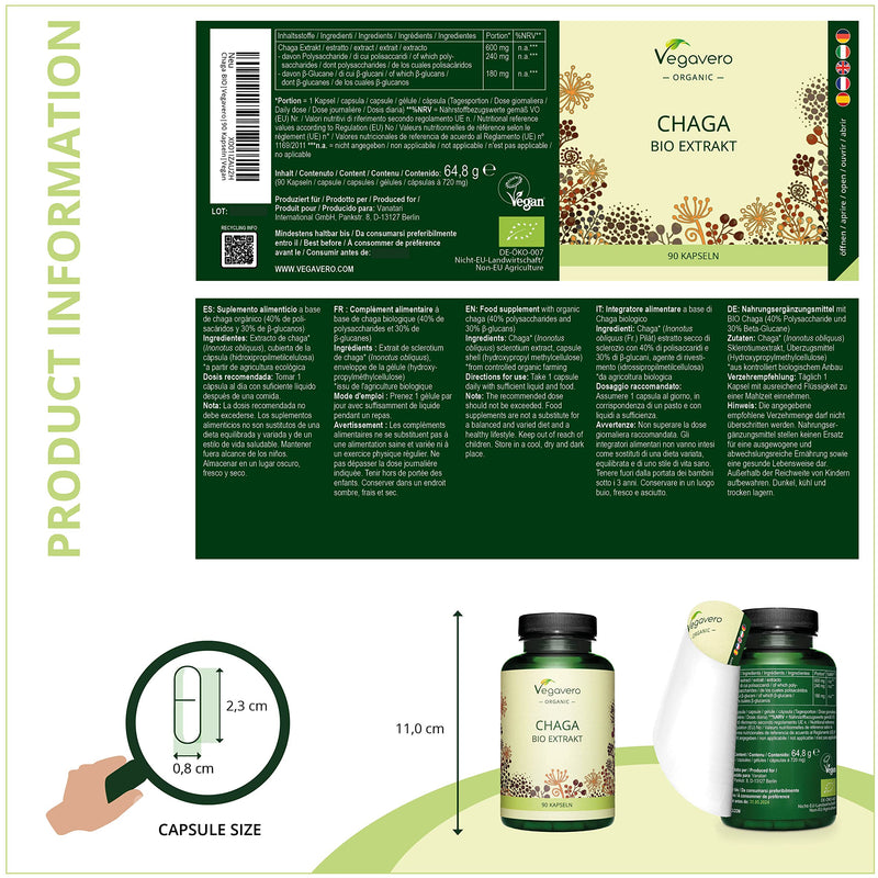 Organic Chaga Mushroom Vegavero® | 6000 mg (10:1 Extract) with 40% Polysaccharides and 30% Betaglucans | 90 Capsules | NO Additives | Vegan - BeesActive Australia