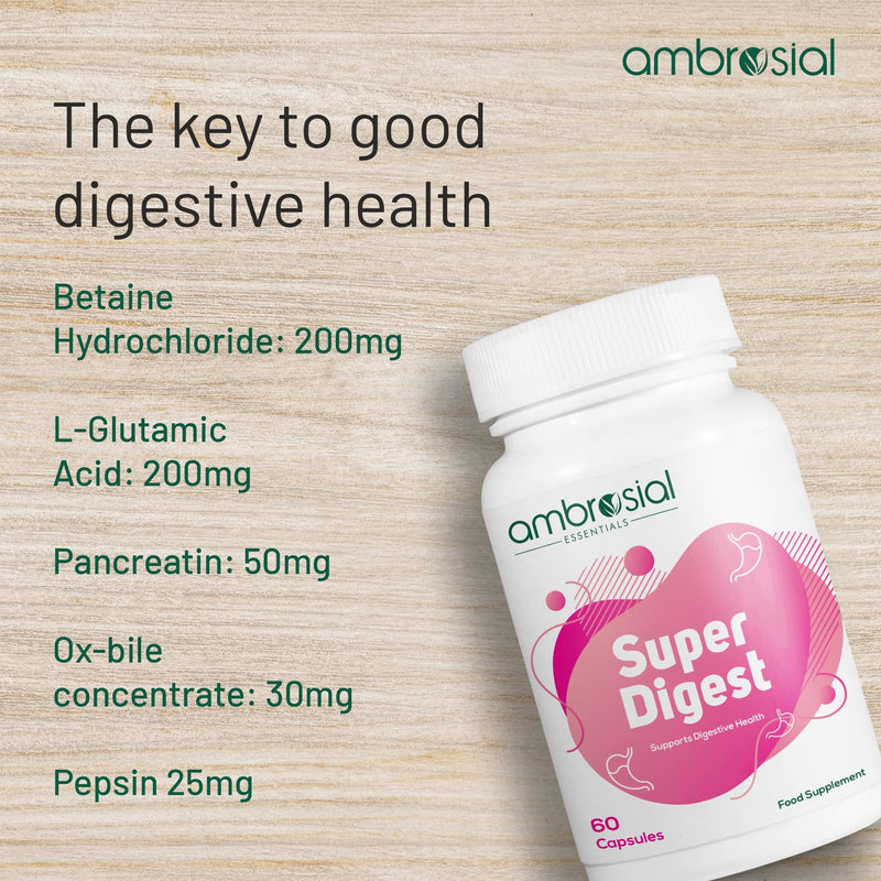 Ambrosial Super Digest with Betaine hcl Pepsin, Ox Bile, L-Glutamic Acid | Digestive Enzyme Supplements for Bloating Relief, Colon Cleanse| Digestives Gut Health Supplements (Pack of 1-60 Capsules) - BeesActive Australia