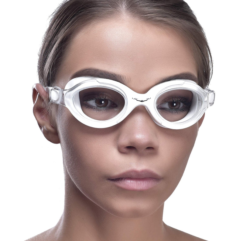AqtivAqua Clear Optics Swimming Goggles // Swim Workouts - Open Water // Indoor - Outdoor Line White Goggles + Silver Case - BeesActive Australia