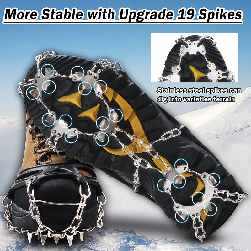 VanRolldex Ice Cleats for Boots Shoes Ice Snow Traction Cleats Anti-Slip 19 Spikes Stainless Steel Crampons Safe Protect Footwear for Men Women Hiking Climbing Mountaineering Walking Fishing Jogging 19 Spikes with Strap X-Large - BeesActive Australia