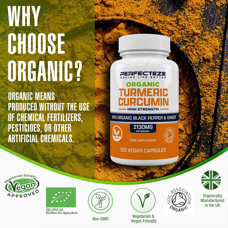 Organic Turmeric Curcumin High Strength and Black Pepper with Ginger 120 Veg Capsules 2130MG Advanced Turmeric with Active Ingredient Curcumin Organic Vegan 120 Capsules (3 Month Supply) - BeesActive Australia
