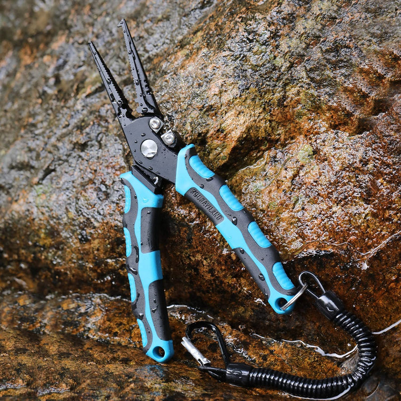 Sougayilang Fishing Pliers, 420 Stainless Steel Fishing Tools, Saltwater Resistant Fishing Gear with Rubber Handle, Sheath and Lanyard Tungsten Carbide Cutters 7'5'' Split Ring Nose-Blue - BeesActive Australia