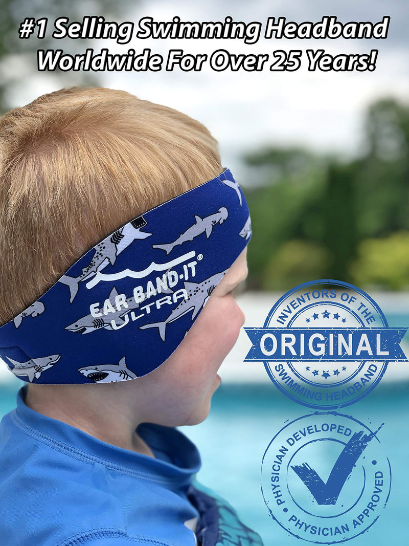 EAR BAND-IT Ultra Swimming Headband - Best Swimmer's Headband - Keep Water Out, Hold Earplugs in - Doctor Recommended - Secure Ear Plugs - Invented by ENT Physician Small (ages 3mo to 1yr) Sharks - BeesActive Australia