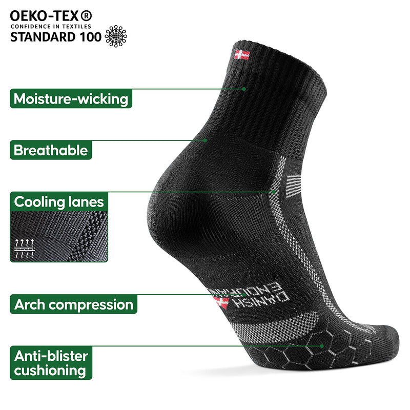 DANISH ENDURANCE 3 Pack Running Socks for Long Distances, Quarter, Men & Women Black/Grey Large - BeesActive Australia