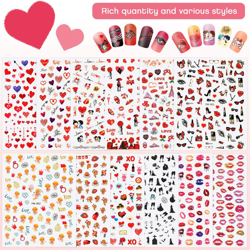 21 Sheets Valentine's Day Nail Art Stickers Includes 12 Sheets Self-Adhesive Nail Art Stickers 9 Sheets Nail Polish Stickers Adhesive Full Nail Wraps with Nail File - BeesActive Australia