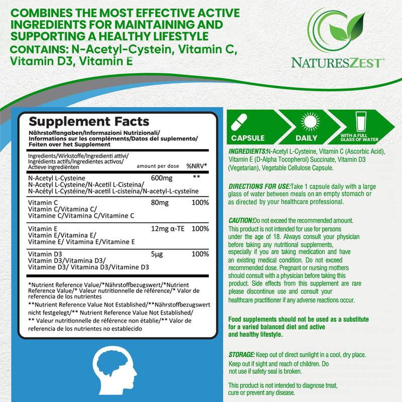 NAC N-Acetyl-Cysteine 600mg - High Strength NAC Supplement with 4 Active Ingredients - 150 Vegetarian Capsules - 5 Month Supply - enriched with NAC Powder, Vitamin C, D3 & E – Packaging May Vary - BeesActive Australia
