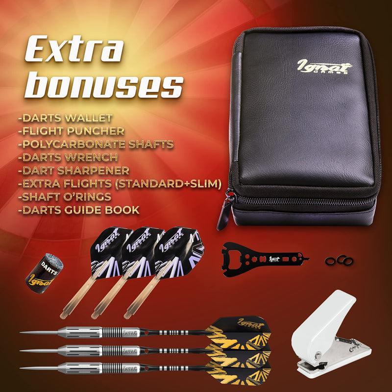 IgnatGames Steel Tip Darts Set - Professional Tungsten Darts with Stylish Wallet, Aluminum and Polycarbonate Shafts with Rubber O'Rings + Standard and Slim Flights + Darts Sharpener + Darts Wrench 30.0 Grams - BeesActive Australia