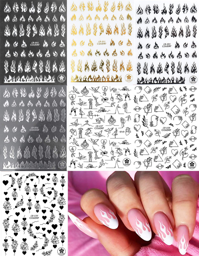 7 Sheets Fashion Flame Word Nail Art Stickers Self-Adhesive Decals Black Gold Silver White Flame Dollar Chinese Character Nail Design For Acrylic Nail Supplies Nail Decoration Kits - BeesActive Australia