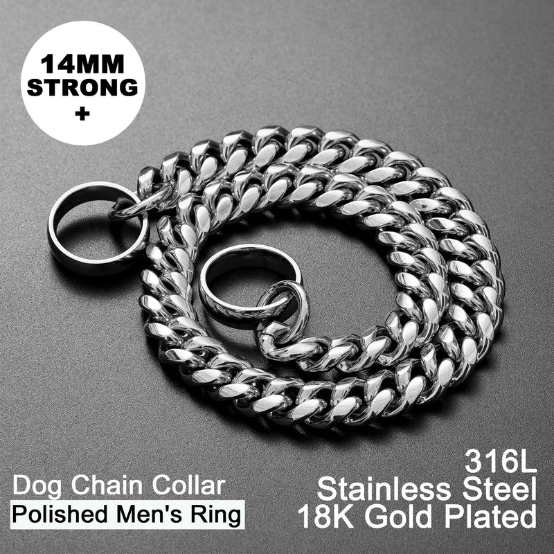 Tobetrendy Gold Chain Dog Collar Cuban Link Chain Stainless Steel Metal Links 14MM Heavy Duty Walking Chain Collar for Small Medium Large Dogs 16inches to 26inches 18" (Neck Fits 14"-16") Silver - BeesActive Australia