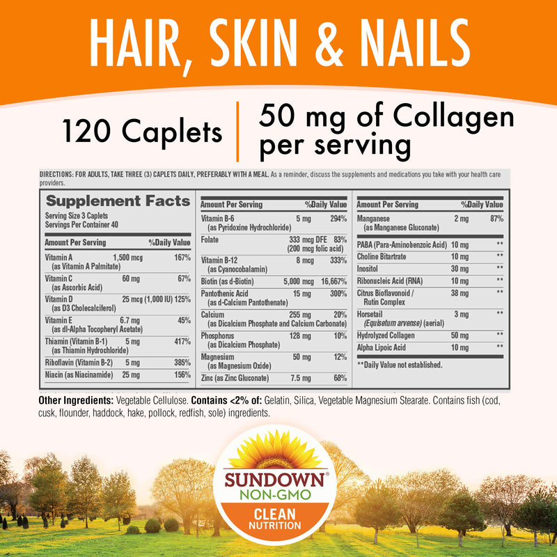 Hair, Skin & Nails Vitamins by Sundown, with Collagen, Non-GMOˆ, Free of Gluten, Dairy, Artificial Flavors, 5000 mcg of Biotin, 120 Caplets - BeesActive Australia