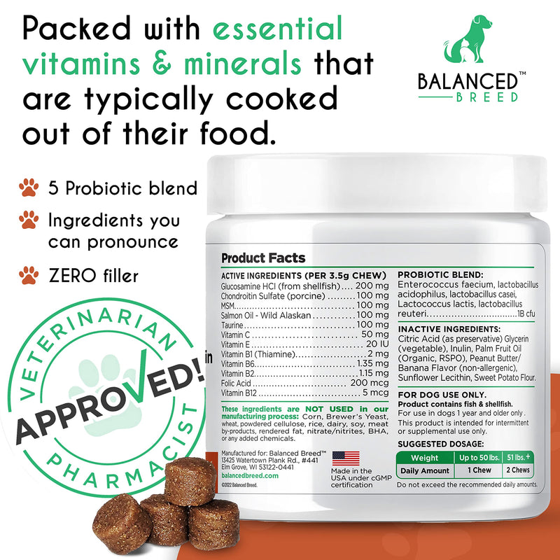 Balanced Breed Small & Large Dog Multivitamin Chewable w/ Glucosamine Dog Vitamins & Supplements Chondroitin MSM Hip & Joint Support Old Senior Health Salmon Oil Immune Booster Skin Heart Probiotics - BeesActive Australia