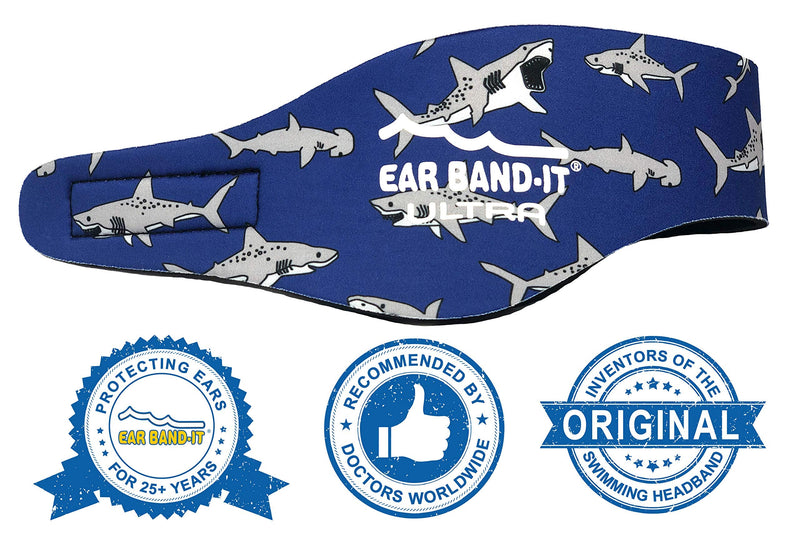 EAR BAND-IT Ultra Swimming Headband - Best Swimmer's Headband - Keep Water Out, Hold Earplugs in - Doctor Recommended - Secure Ear Plugs - Invented by ENT Physician Large (ages 9yrs to adult) Sharks - BeesActive Australia