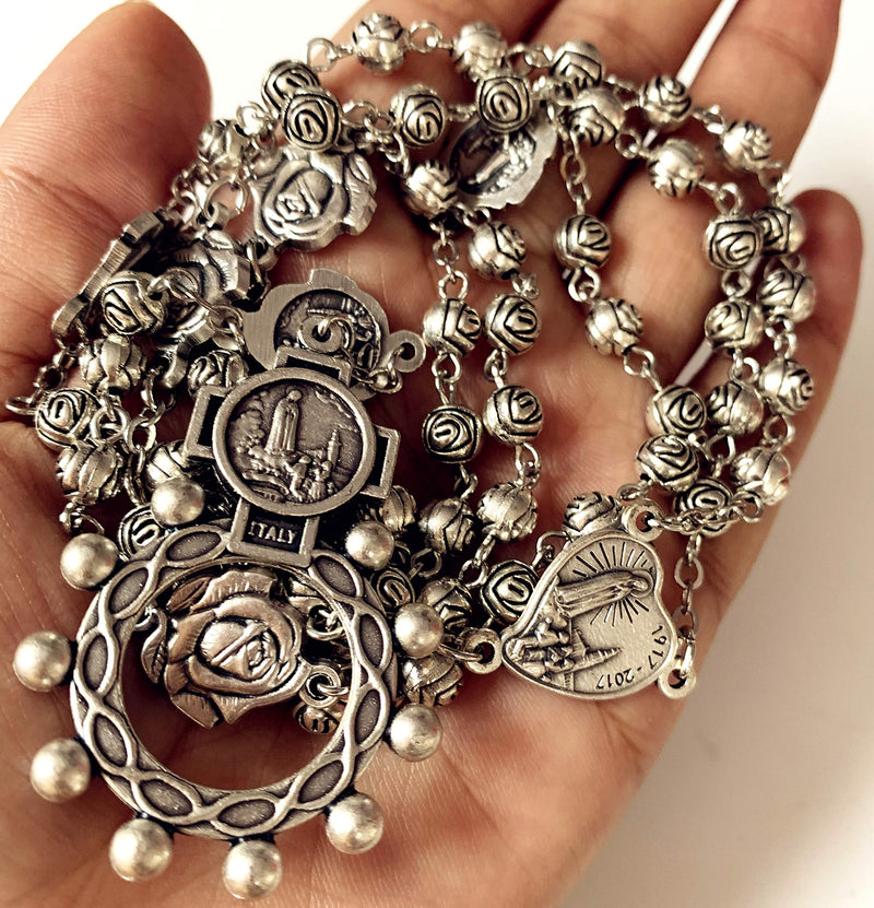 elegantmedical HANDMADE vintage silver rose beads Catholic OUR LADY OF FATIMA Rosary Necklace Cross Gift Box Italy crucifix - BeesActive Australia