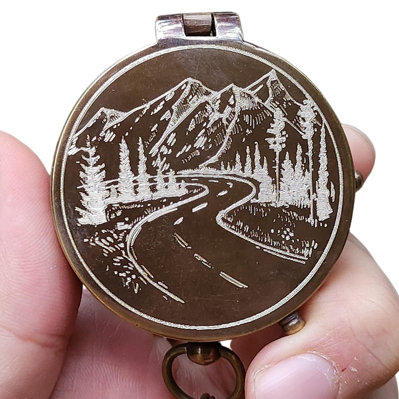 Mountain and Road Engraved Working Handmade Antiqued Brass Compass Gift for Men with ''for Your Adventures'' Stamped Leather Case - BeesActive Australia