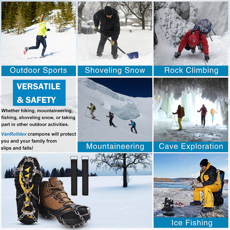 VanRolldex Ice Cleats for Boots Shoes Ice Snow Traction Cleats Anti-Slip 19 Spikes Stainless Steel Crampons Safe Protect Footwear for Men Women Hiking Climbing Mountaineering Walking Fishing Jogging 19 Spikes with Strap X-Large - BeesActive Australia