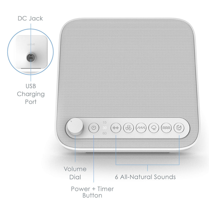 Pure Enrichment WAVE Premium Sleep Therapy Sound Machine with USB Charger - Seamless Looping with 6 Soothing All-Natural Sounds, and Auto-Off Timer - Easily Portable for Travel (White) Patented Design - BeesActive Australia