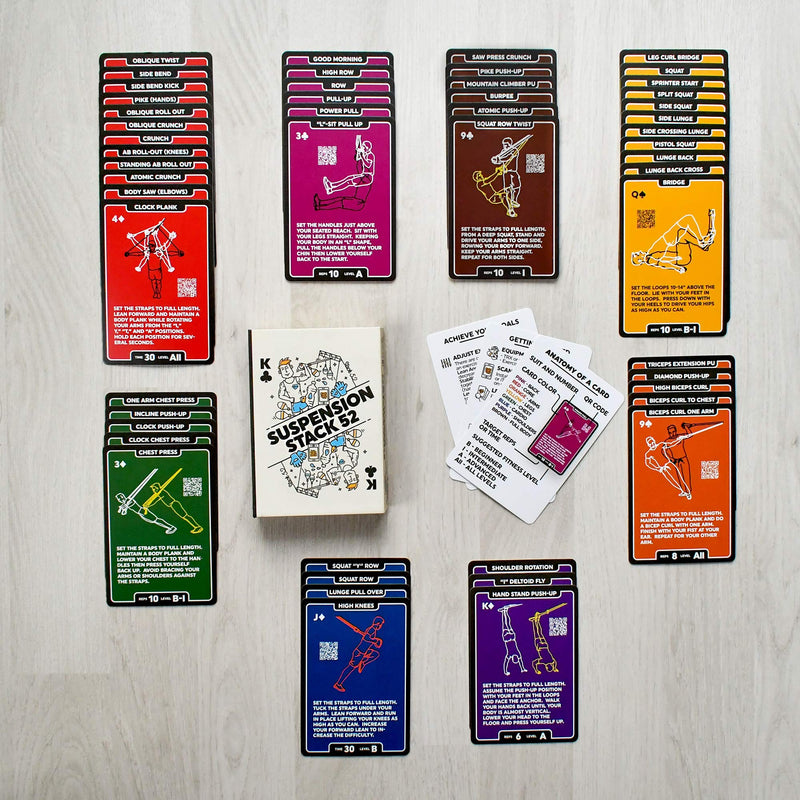 Stack 52 Suspension Exercise Cards. Compatible with All Suspension Trainers. Suspended Bodyweight Resistance Workout Game. Video Instructions Included. Fun Home Fitness Program. 2019 Updated Deck - BeesActive Australia