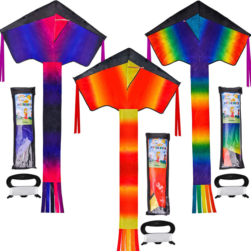 JOYIN 3 Packs Delta Rainbow Kite Warm and Cold Color Easy to Fly Huge Kites for Kids and Adults with 262.5 ft Kite String, Large Delta Beach Kite for Outdoor Games and Activities - BeesActive Australia