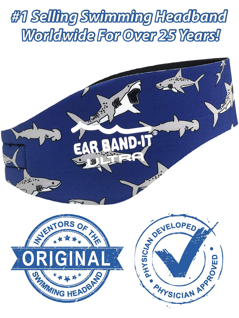 EAR BAND-IT Ultra Swimming Headband - Best Swimmer's Headband - Keep Water Out, Hold Earplugs in - Doctor Recommended - Secure Ear Plugs - Invented by ENT Physician Large (ages 9yrs to adult) Sharks - BeesActive Australia
