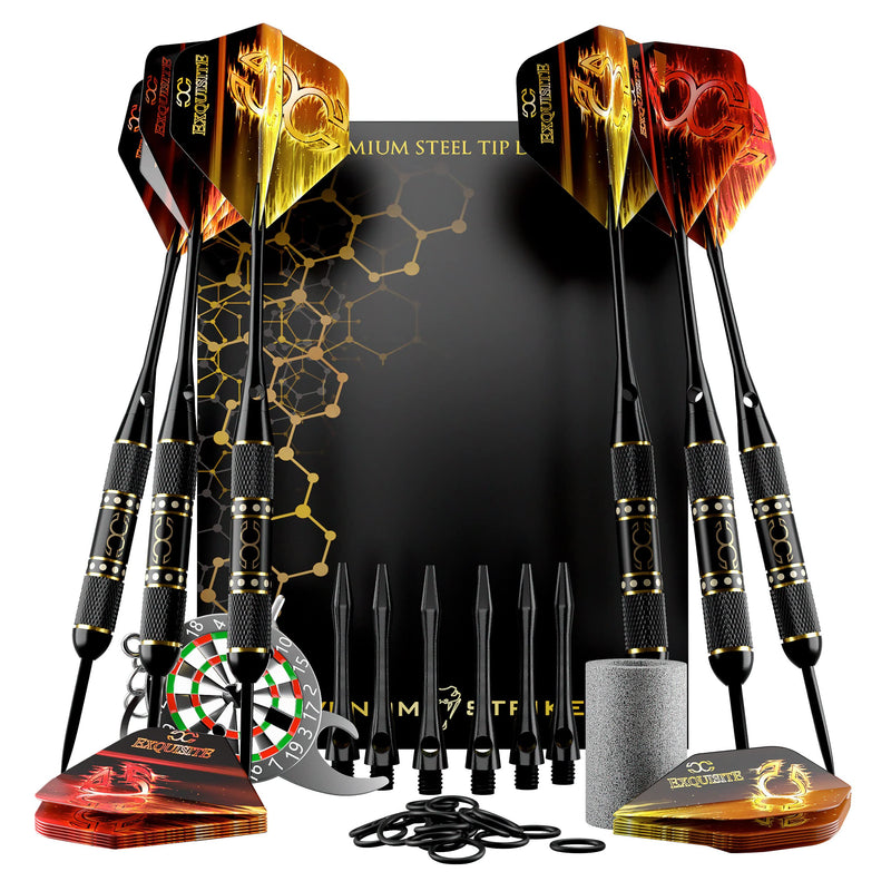 CC-Exquisite Professional Steel Tip Darts Set - 6 x 22g Brass Barrels with 12 Flights Standard/Slim, 12 Aluminum Shafts 35/48mm, 12 O-Rings, Dart Tool, Dart Sharpener and Case (Black & Gold) Lines- 22g - BeesActive Australia