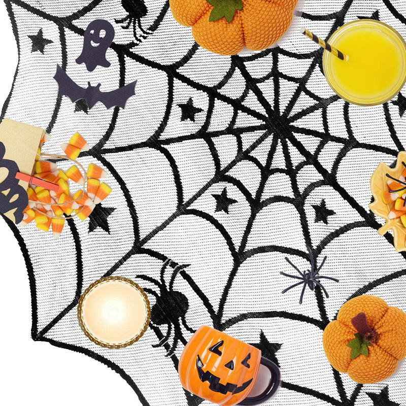 JOVITEC Round Lace Table Topper Black Spider Tablecloth and Fireplace Spider Decorations Lace Spiderweb Mantle Scarf Cover for Halloween Window, Dinner Party, Festival Party, Scary Movie Nights - BeesActive Australia